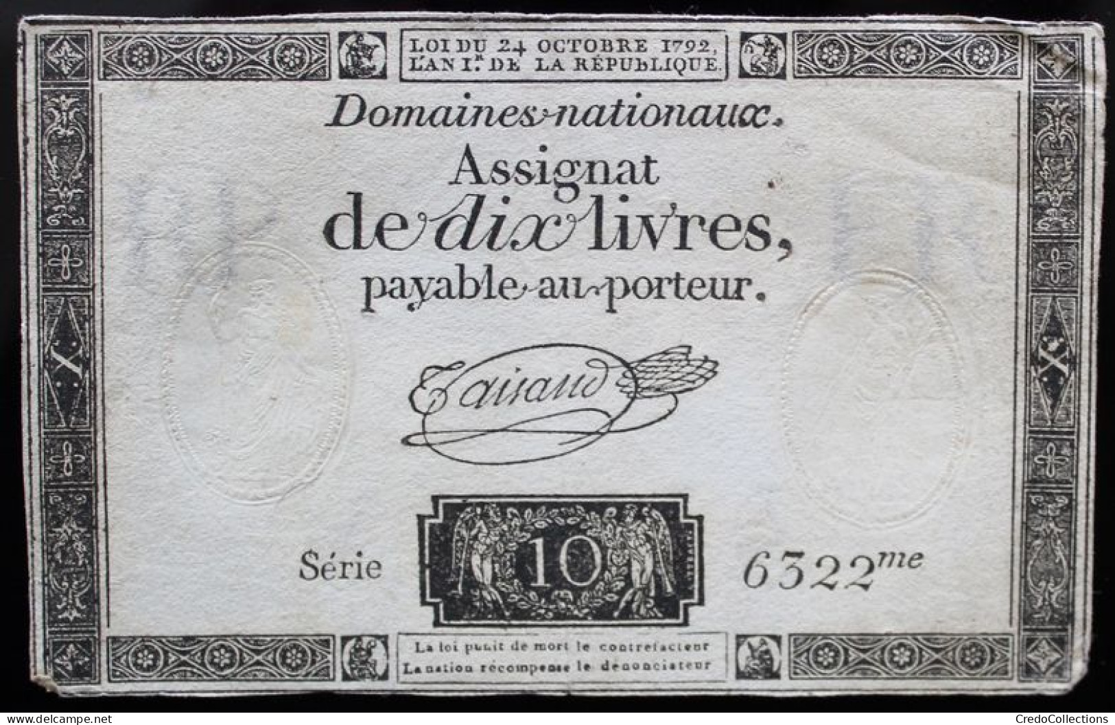 Francs - 10 Livres - 1792 - Série 6322 - TTB - Assignats