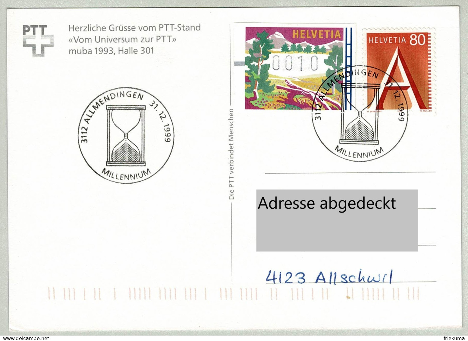 Schweiz / Helvetia 2000, Postkarte Millenium Neuchâtel - Allschwil, Sanduhr / Sablier / Sandglass - Horlogerie