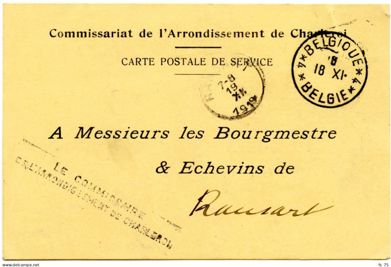 BELGIQUE - SIMPLE CERCLE BILINGUE 4 * BELGIQUE * 4 SUR CARTE EN FRANCHISE DE CHARLEROI, 1919 - Lettres & Documents