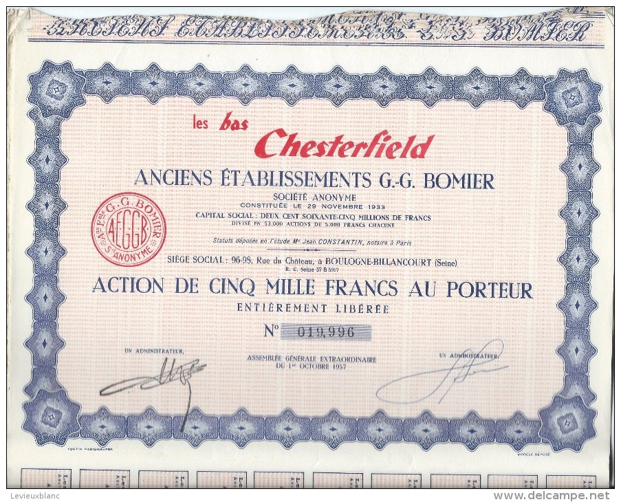 Action De 1000 Francs Au Porteur/Les Bas Chesterfield/Boulogne Billancourt//1957    ACT88bis - Textil