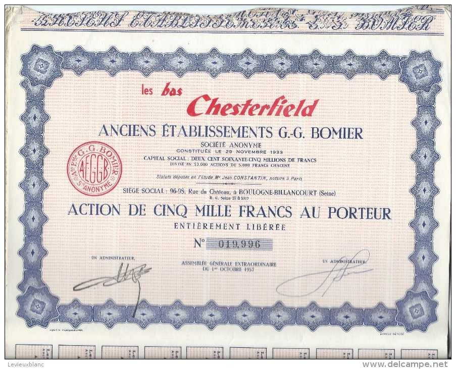 Action De 1000 Francs Au Porteur/Les Bas Chesterfield/Boulogne Billancourt//1957    ACT88bis - Textiel