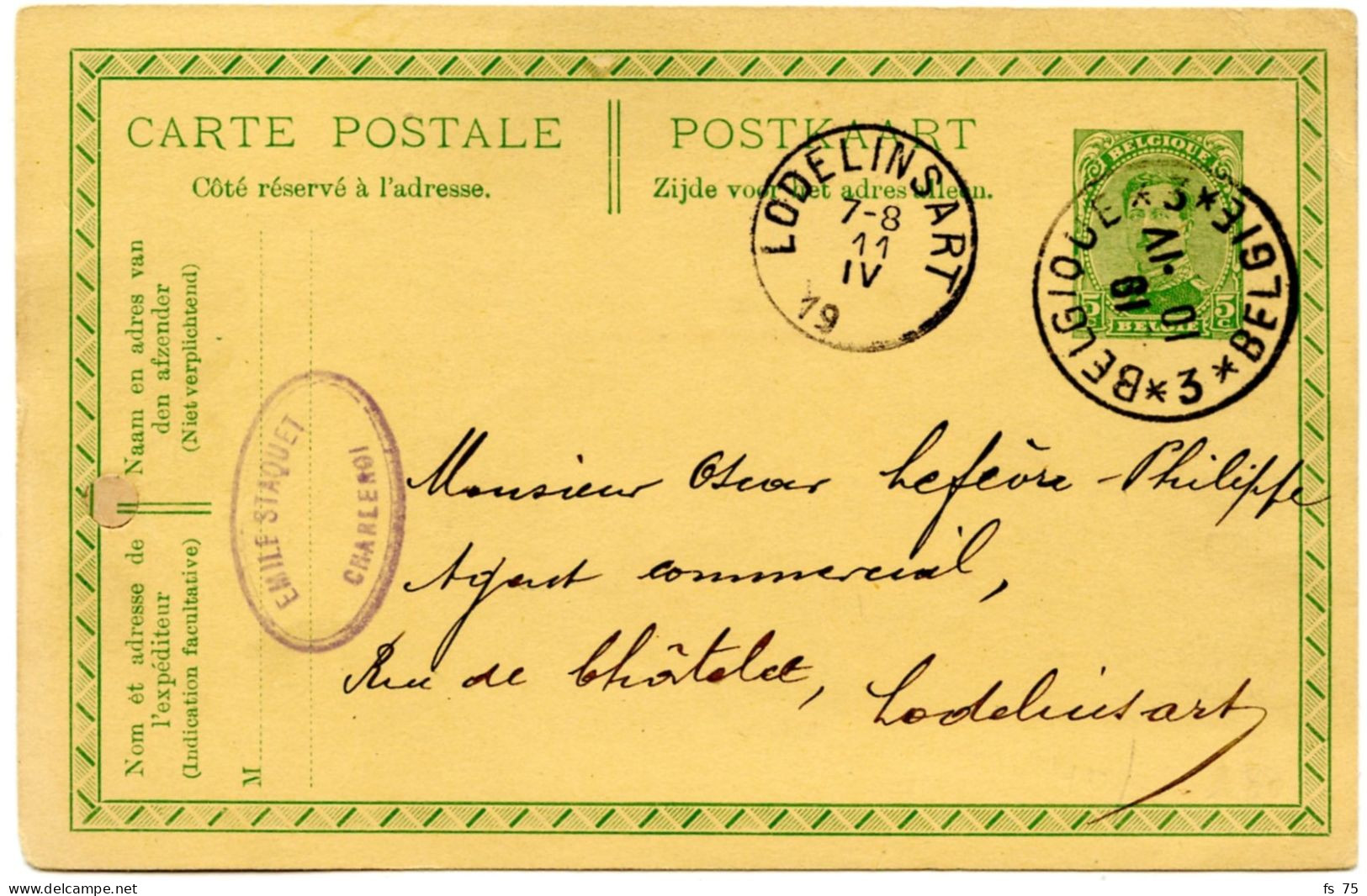 BELGIQUE - ENTIER 5C ALBERT 1ER DE CHARLEROI SIMPLE CERCLE 3 * BELGIQUE * 3 , 1919 - Storia Postale