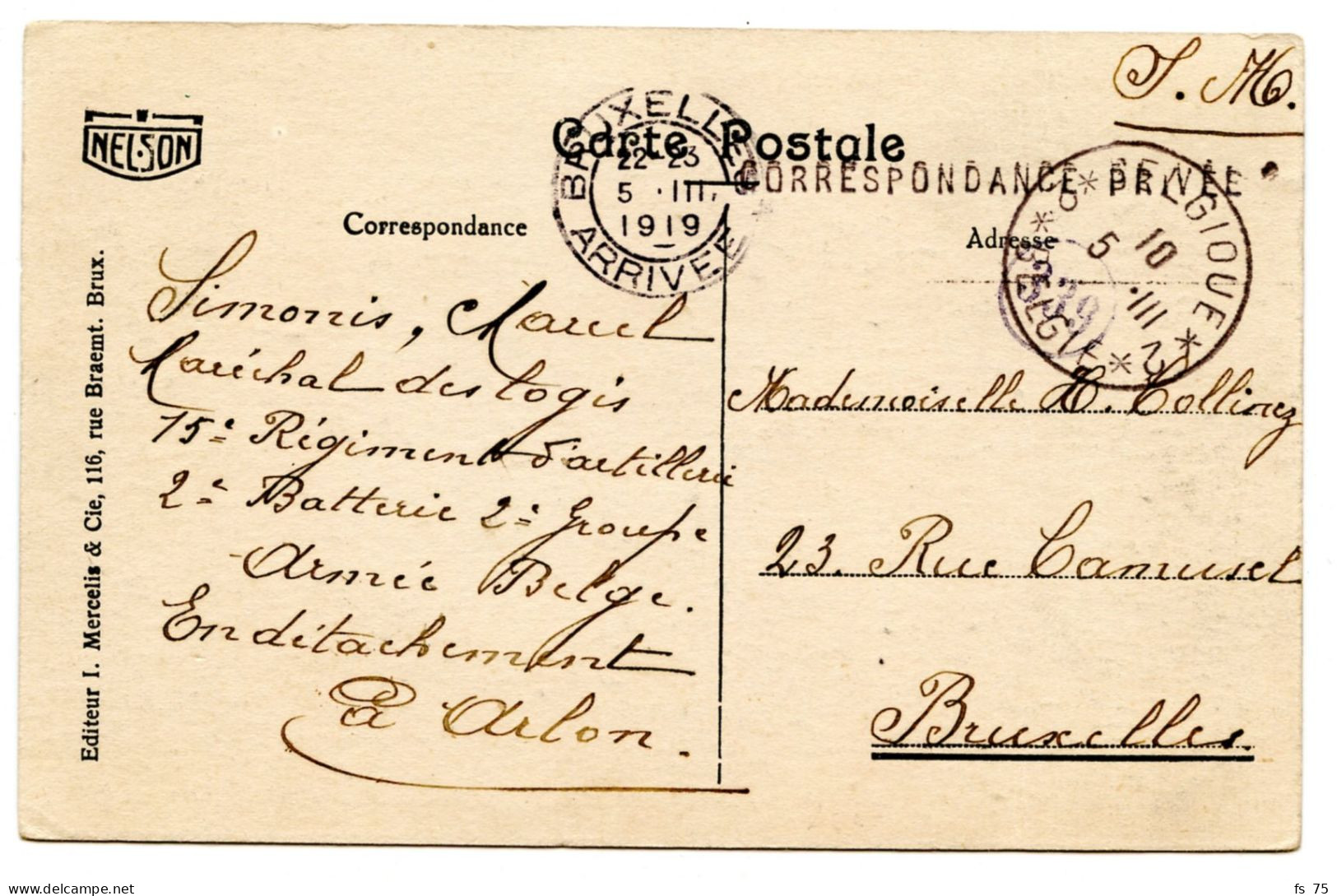 BELGIQUE - SIMPLE CERCLE BILINGUE 2 * BELGIQUE * 2 + GRIFFE CORRESPONDANCE PRIVEE SUR CARTE POSTALE D'ARLON, 1919 - Lettres & Documents