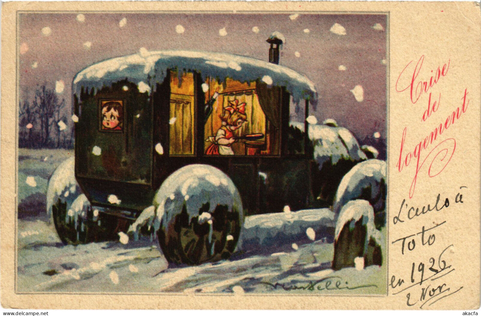 PC ARTIST SIGNED, CASTELLI, A CAR STUCK IN THE SNOW, Vintage Postcard (b46337) - Castelli