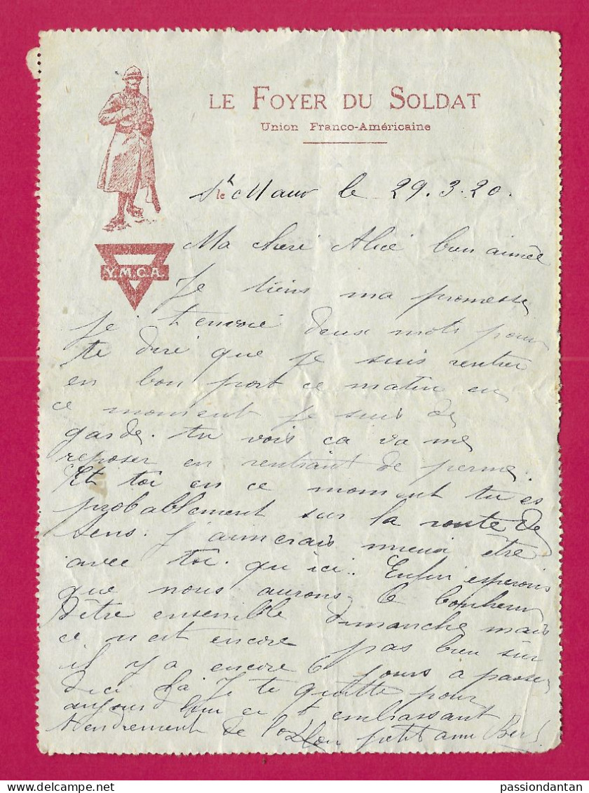 Écrit Personnel Daté De Mars 1920 Sur Papier à Entête Du Foyer Du Soldat - Union Franco Américaine - Documents