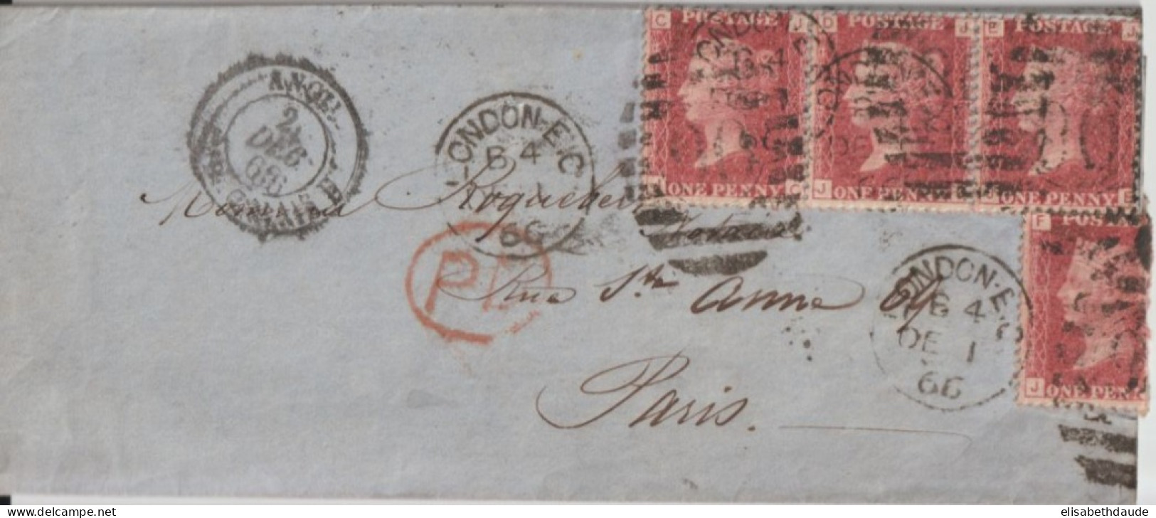 1866 - GB - YVERT N°26 X 4 ! PL 98 ! Sur LETTRE De LONDON => PARIS - ENTREE AMBULANT CALAIS - Covers & Documents