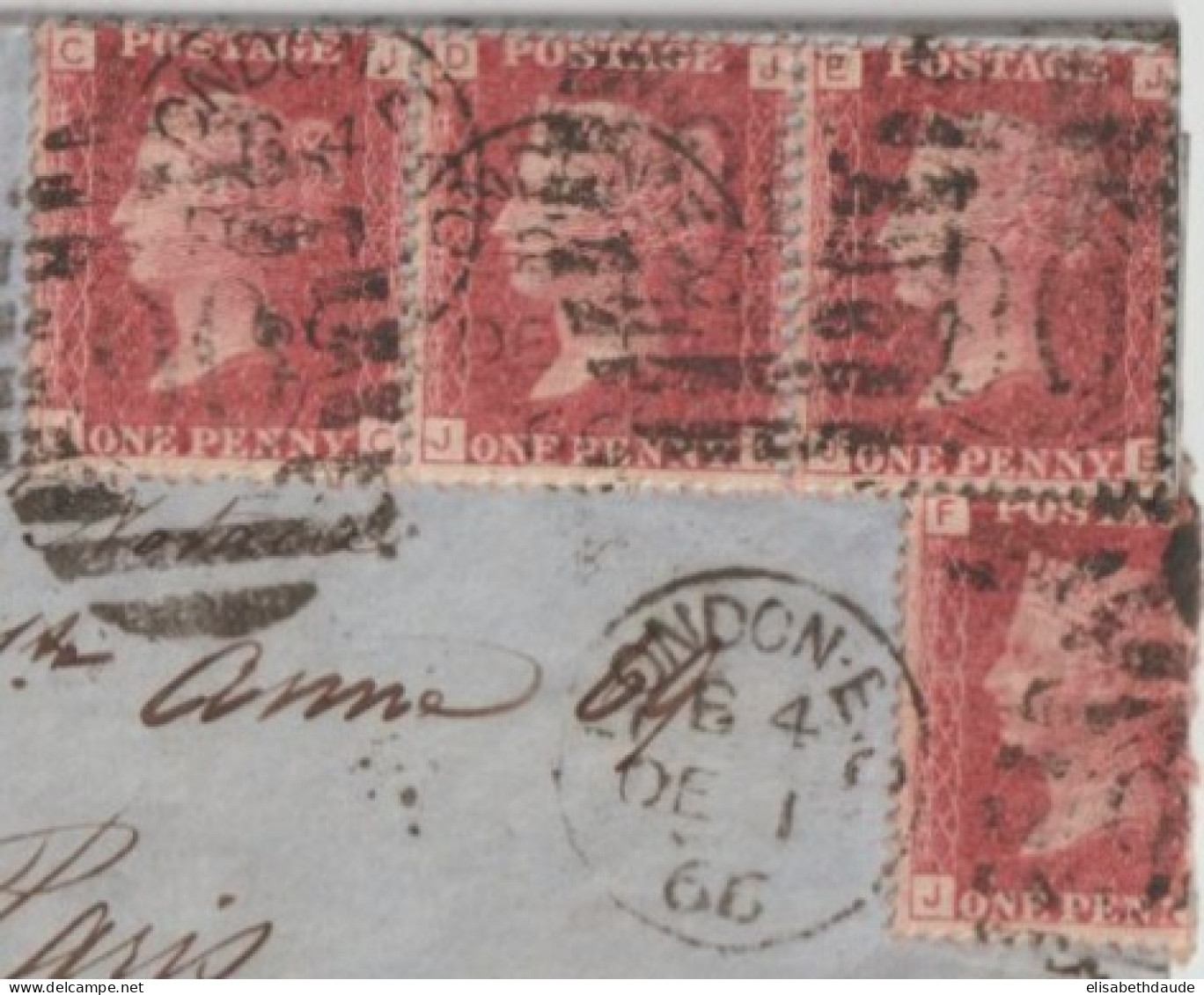 1866 - GB - YVERT N°26 X 4 ! PL 98 ! Sur LETTRE De LONDON => PARIS - ENTREE AMBULANT CALAIS - Cartas & Documentos