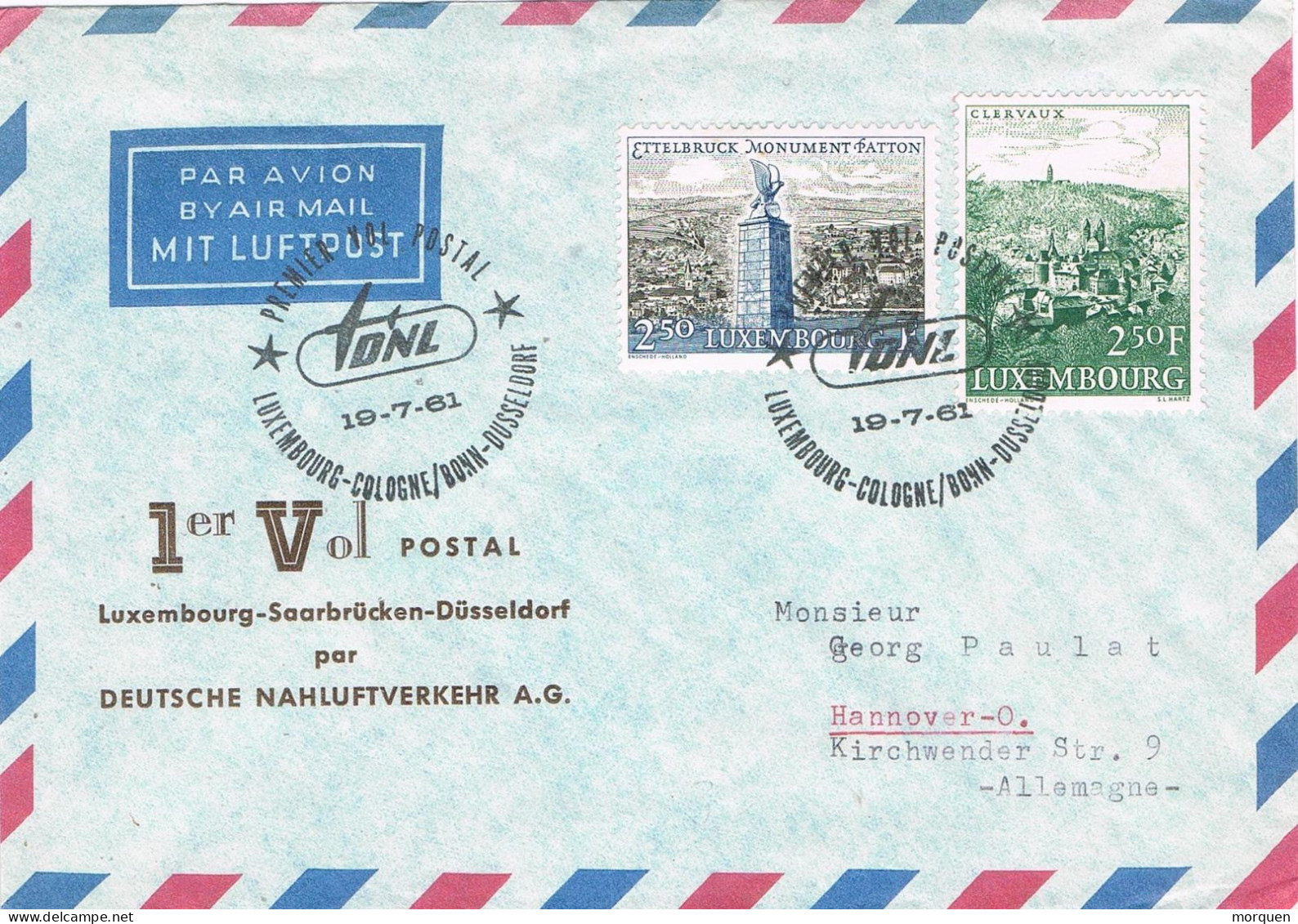 49508. Carta Aerea Primer Vuelo Postal LUXEMBOURG 1961. Linea DNL To Dusseldorf - Cartas & Documentos