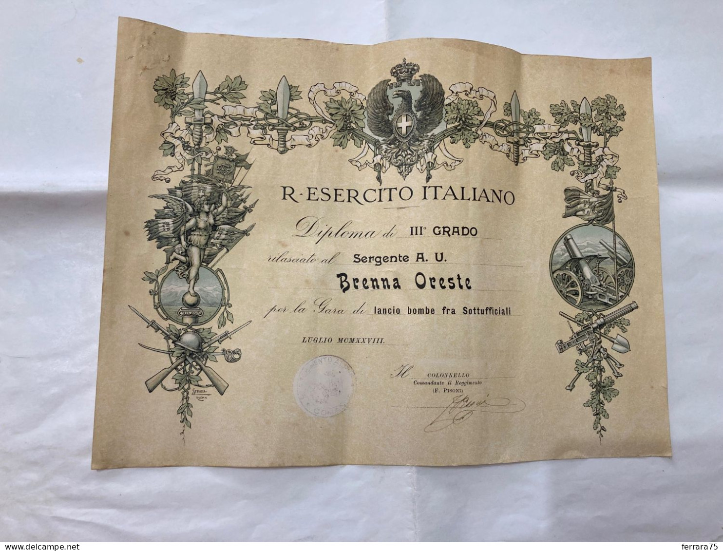 DIPLOMA III°GRADO REI REGGIMENTO ALPINI SERGENTE GARA DI LANCIO BOMBE 1928. - Documents