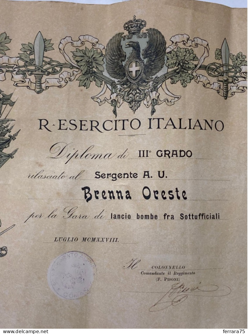 DIPLOMA III°GRADO REI REGGIMENTO ALPINI SERGENTE GARA DI LANCIO BOMBE 1928. - Documents