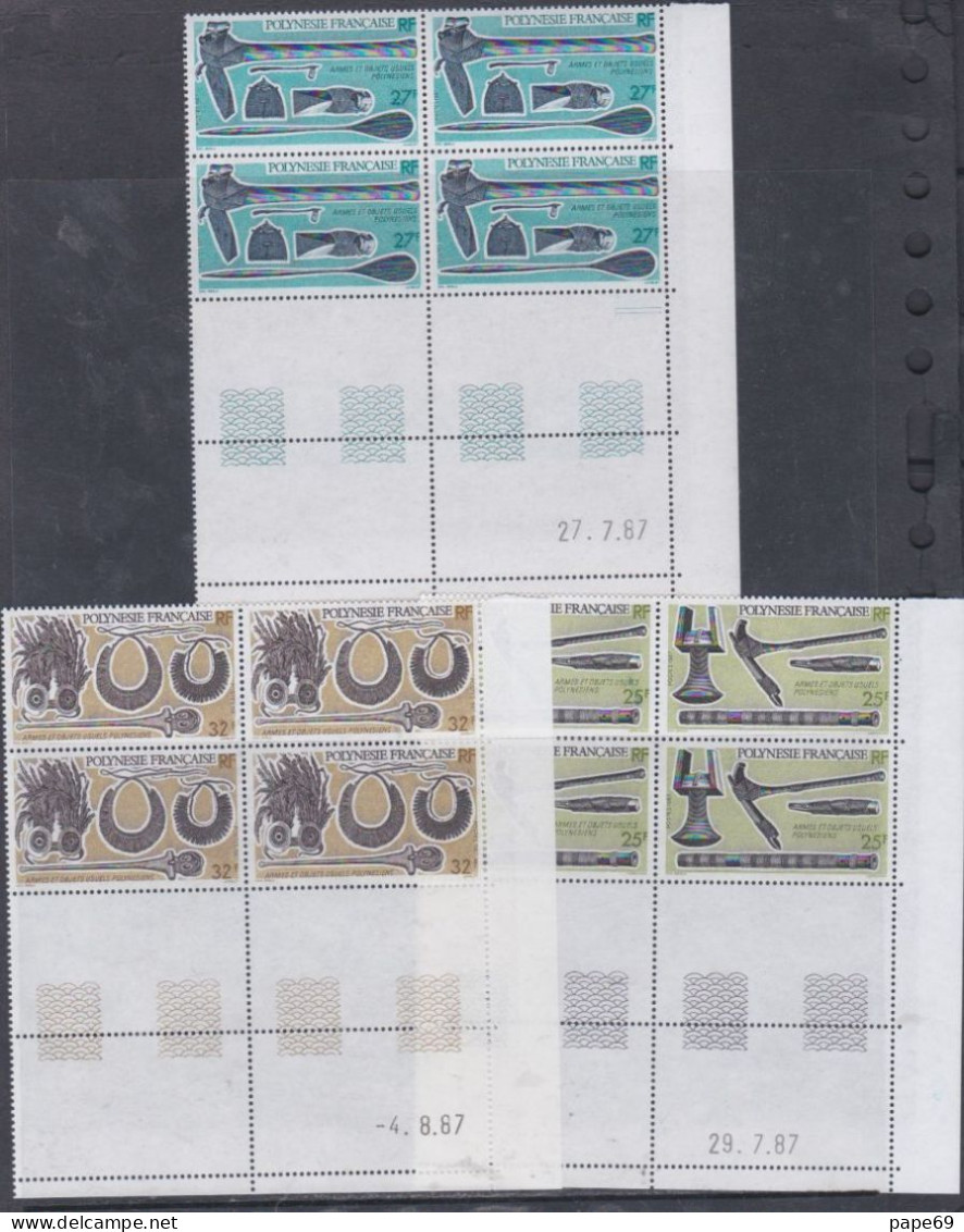 Polynésie N° 288 / 90  XX Armes, Objets Polynés. 3 Vals En Bloc De 4 Coin Daté Du 27,29 .7  Et 4 . 8 . 87 ; Ss Cha., TB - Nuovi