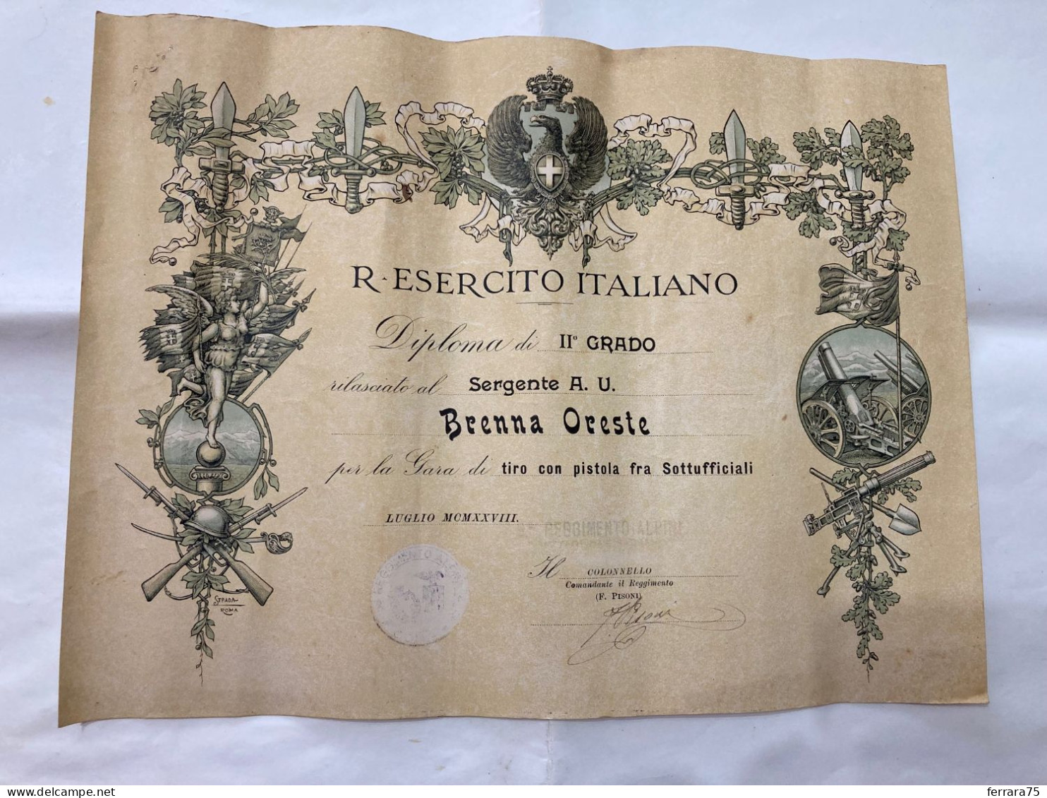 DIPLOMA II°GRADO REI REGGIMENTO ALPINI SERGENTE GARA DI TIRO CON PISTOLA 1928. - Documents