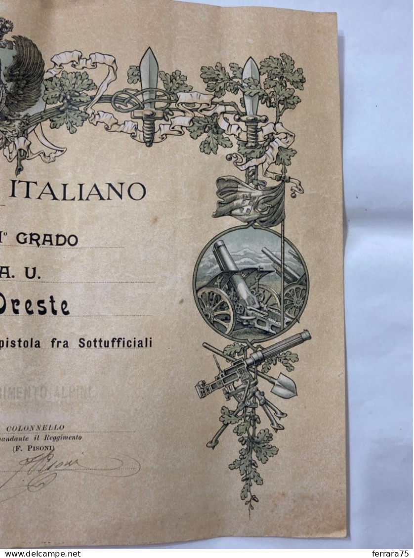 DIPLOMA II°GRADO REI REGGIMENTO ALPINI SERGENTE GARA DI TIRO CON PISTOLA 1928. - Documents