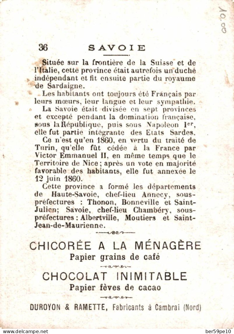 CHROMO CHOCOLAT INIMITABLE DUROYON & RAMETTE ANCIENNES PROVINCES FRANCAISES LA SAVOIE VUE SUR LE LAC D'ANNECY - Duroyon & Ramette