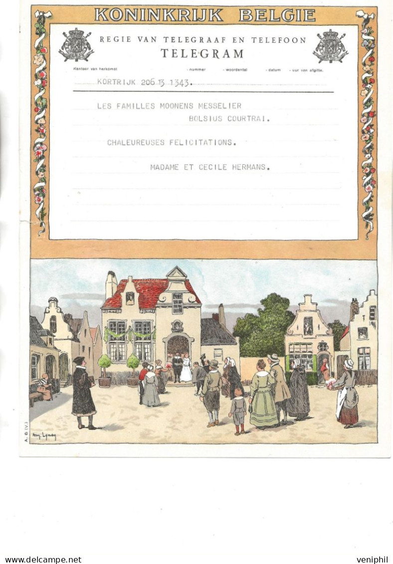 BELGIQUE - TELEGRAMME ILLUSTRE- ANNEE 1952 -CACHET AU DOS KORTRIJK - Télégrammes