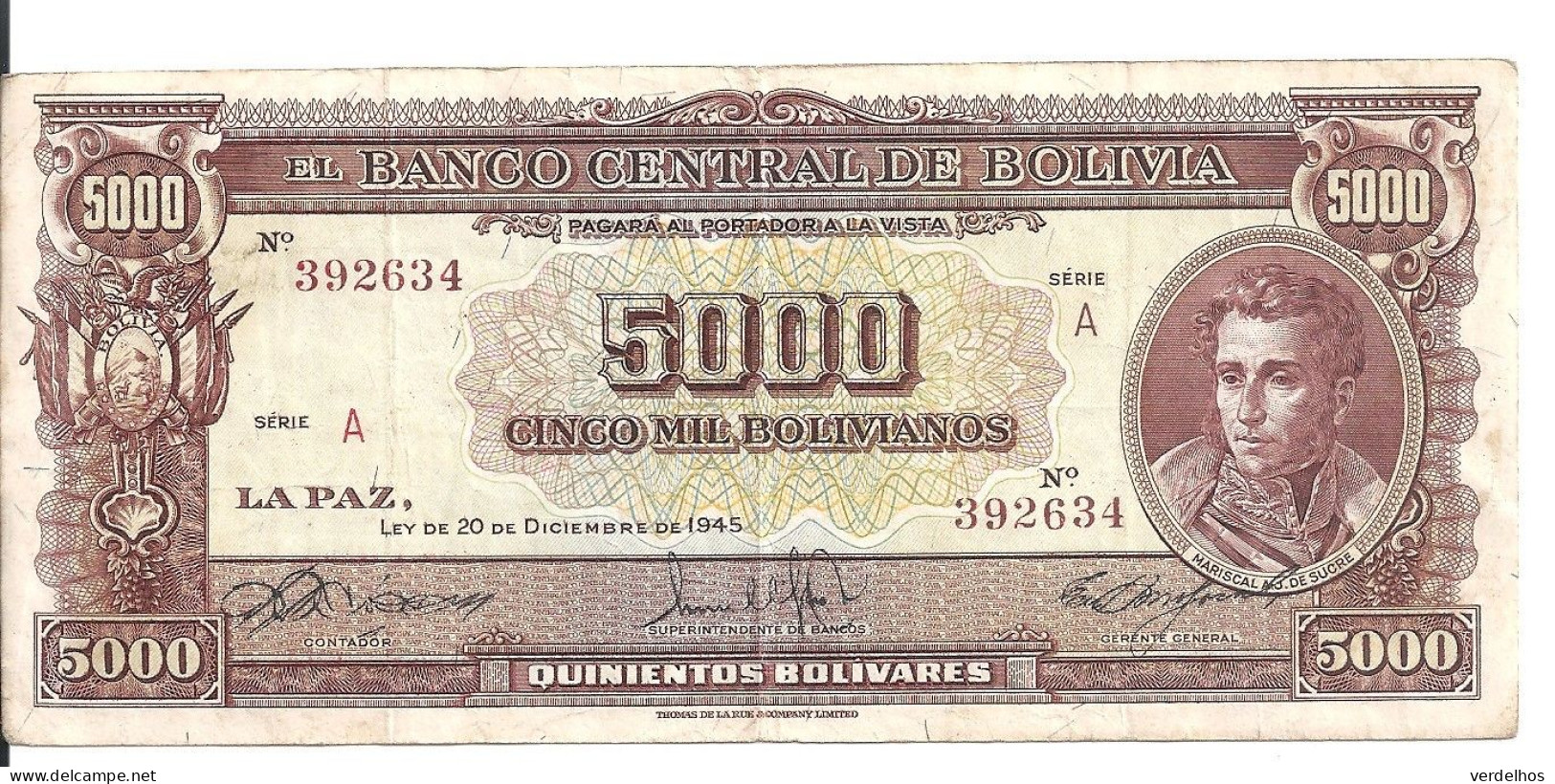 BOLIVIE 5000 BOLIVIANOS L.1945 VF+ P 145 - Bolivia