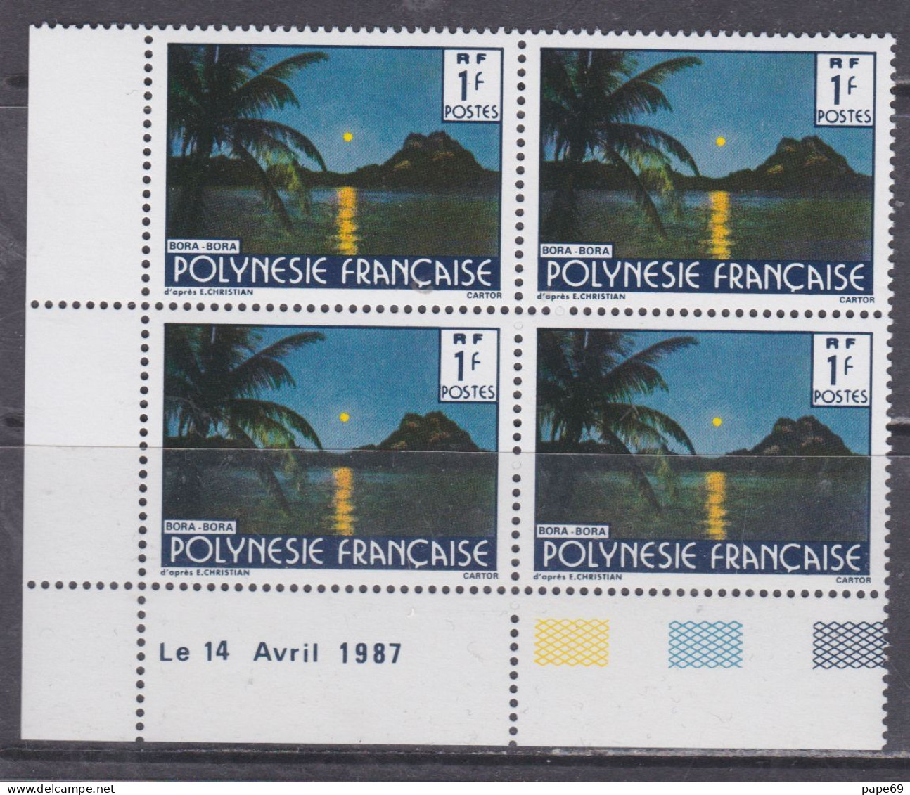 Polynésie N° 321 XX Paysage Polynésien, 1 F. Petite Sig Cartor En Bloc De 4 Coin Daté Du 14 Avril  1987 ; Ss Cha., TB - Nuevos