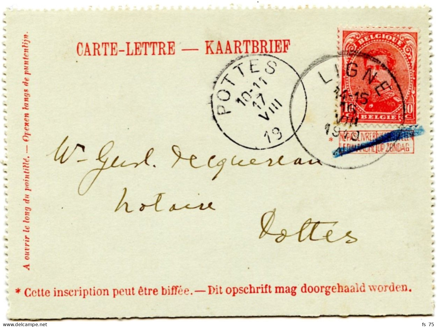 BELGIQUE - COB 138 SUR ENTIER CARTE LETTRE 10C PELLENS DEMONETISE SIMPLE CERCLE LIGNE, 1919 - Lettres & Documents
