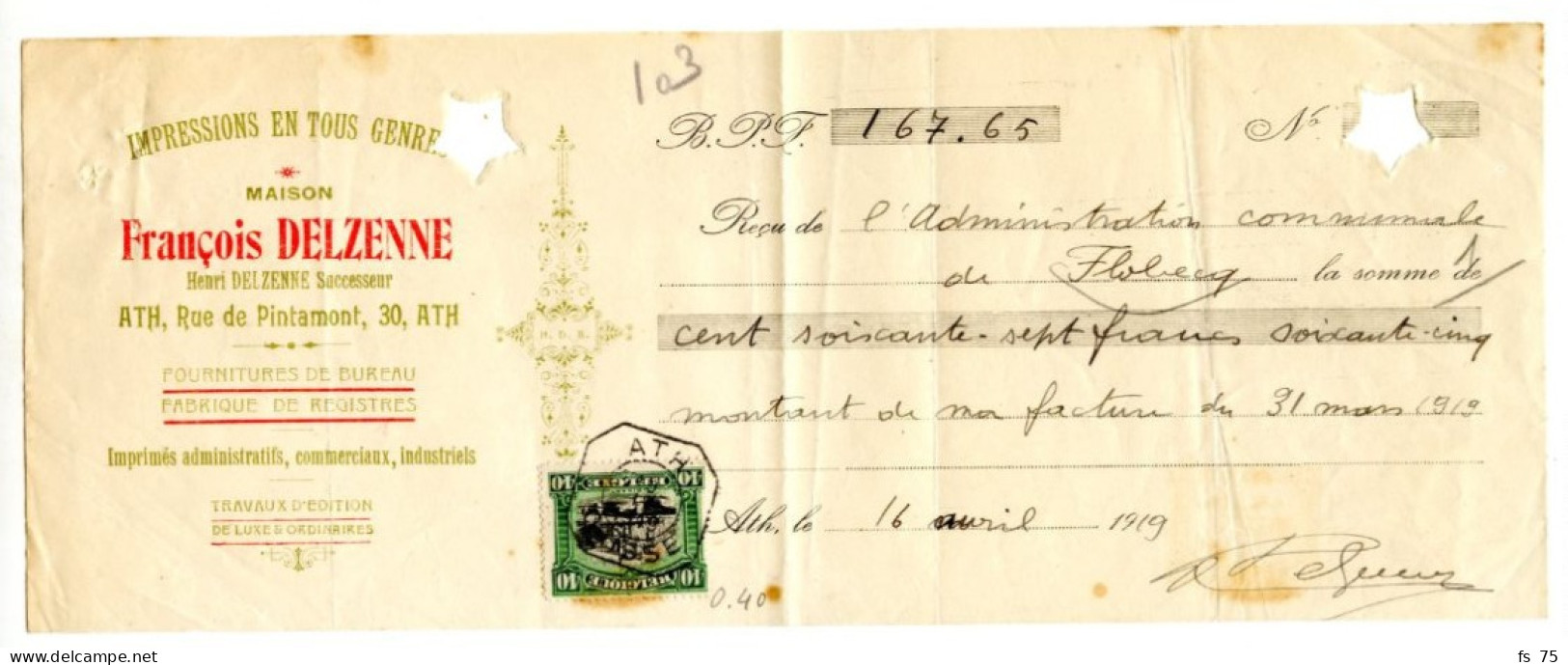 BELGIQUE - COB 143 ATH CAISSE SUR RECU, 1919 - Lettres & Documents