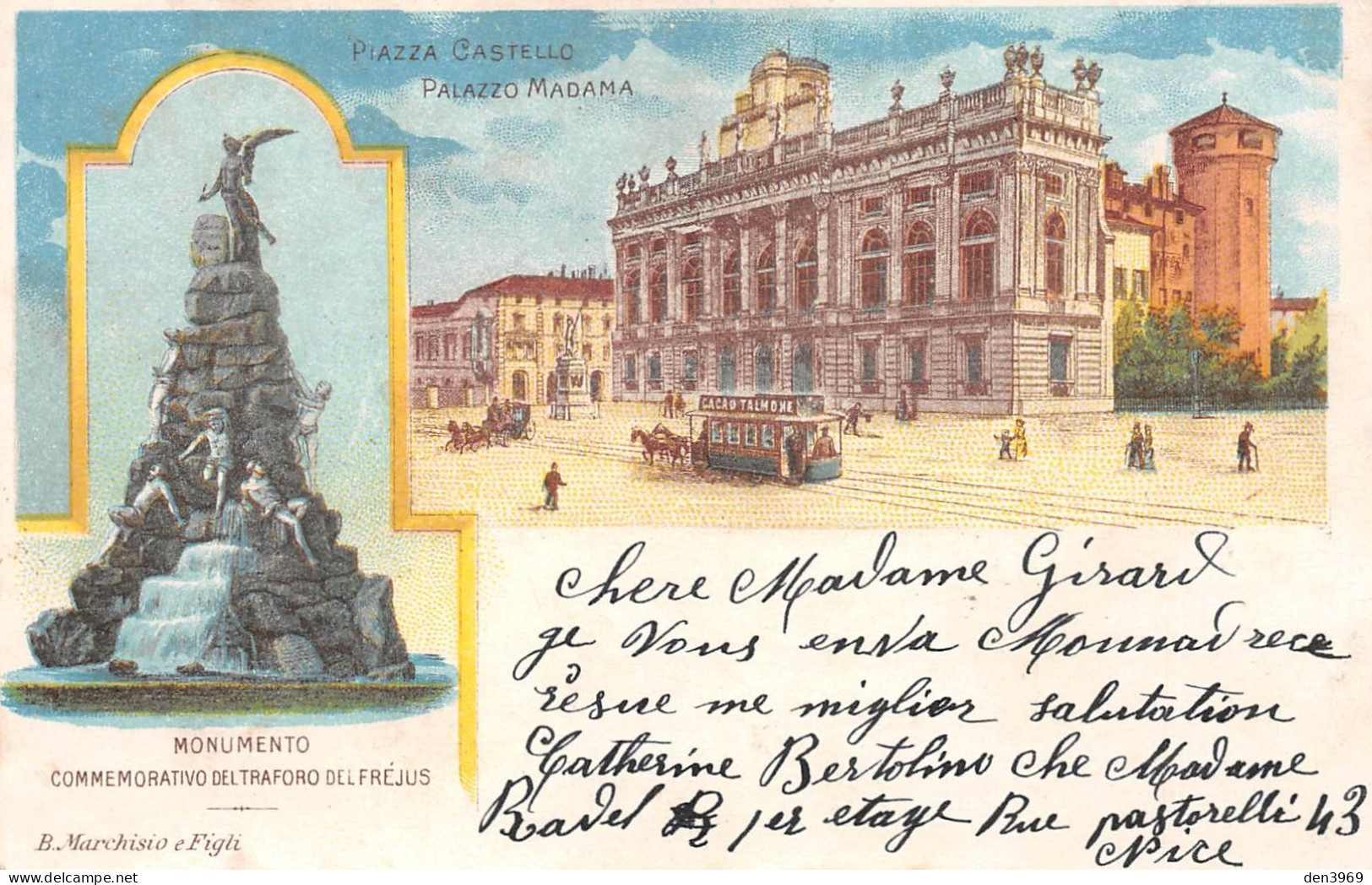 Italie - TORINO (Turin) - Lith. Piazza Castello & Palazzo Madama - Tram Cacao Talmone - Précurseur Voyagé 1900 (2 Scans) - Palazzo Madama