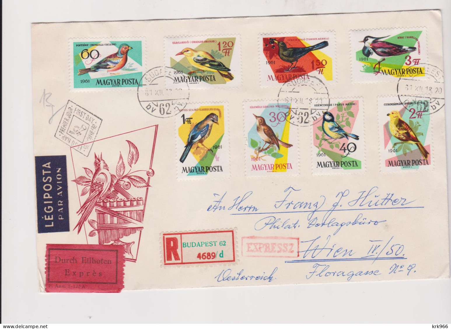 HUNGARY, 1961 BUDAPEST Birds Registered Airmail Priority FDC Cover To Austria - Briefe U. Dokumente