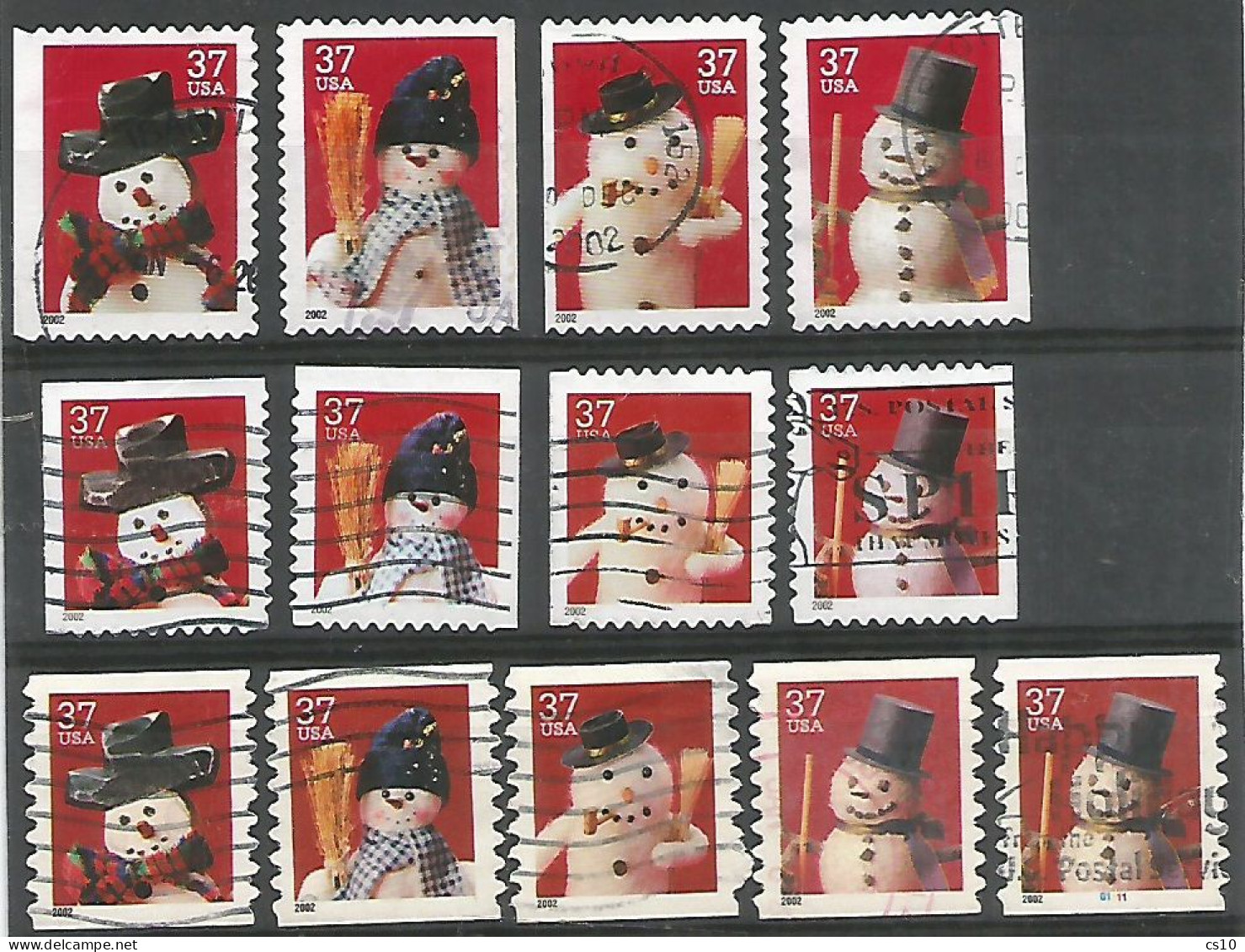 USA 2002 Xmas Snowmen C.37 Sc.#3676/87 Set 13v Including  4 Big + 4 Small + 4 Coils + 1 With Coil Number - Roulettes