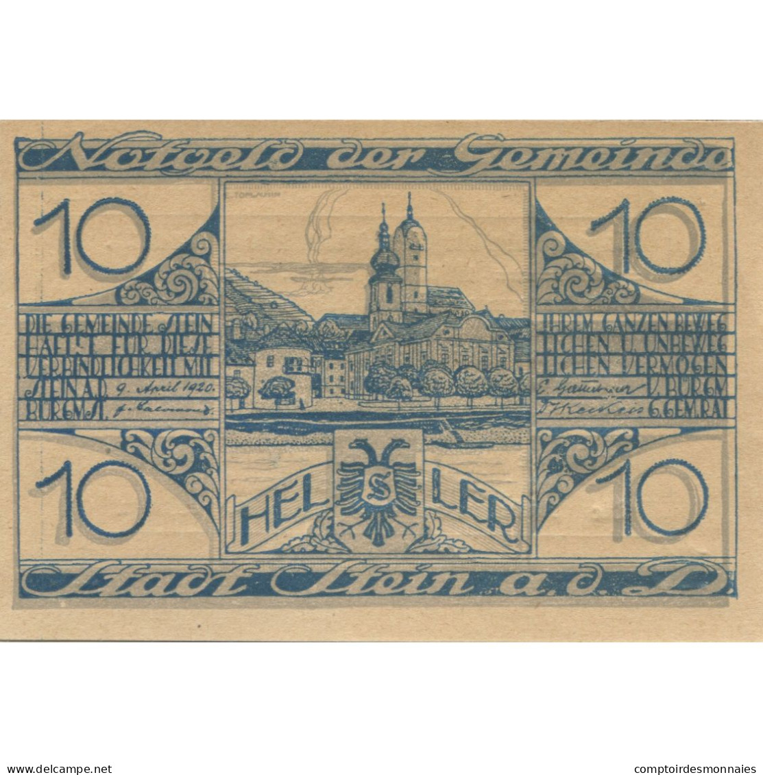 Billet, Autriche, Stein A/d Donau, 10 Heller, Château, 1920 SPL Mehl:FS 1015I.1 - Autriche