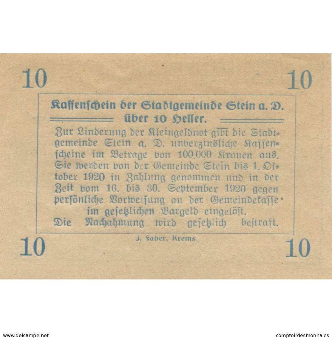 Billet, Autriche, Stein A/d Donau, 10 Heller, Château, 1920 SPL Mehl:FS 1015I.1 - Autriche