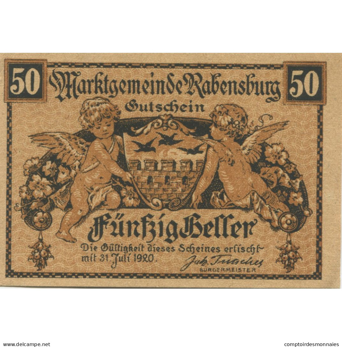 Billet, Autriche, Rabensburg, 50 Heller, Blason 1920-07-31, SPL, Mehl:FS 807a - Autriche