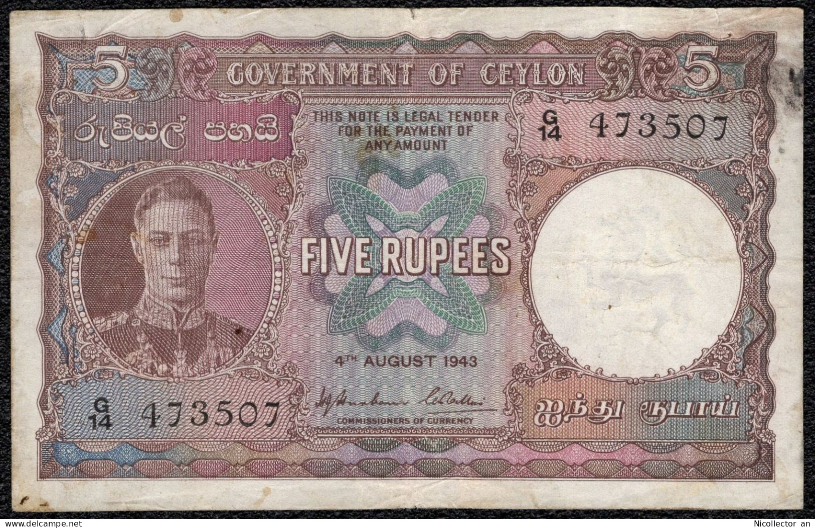 Ceylon 5 Rupees 1943 P-36a (aVF) King George VI Rare - Sri Lanka