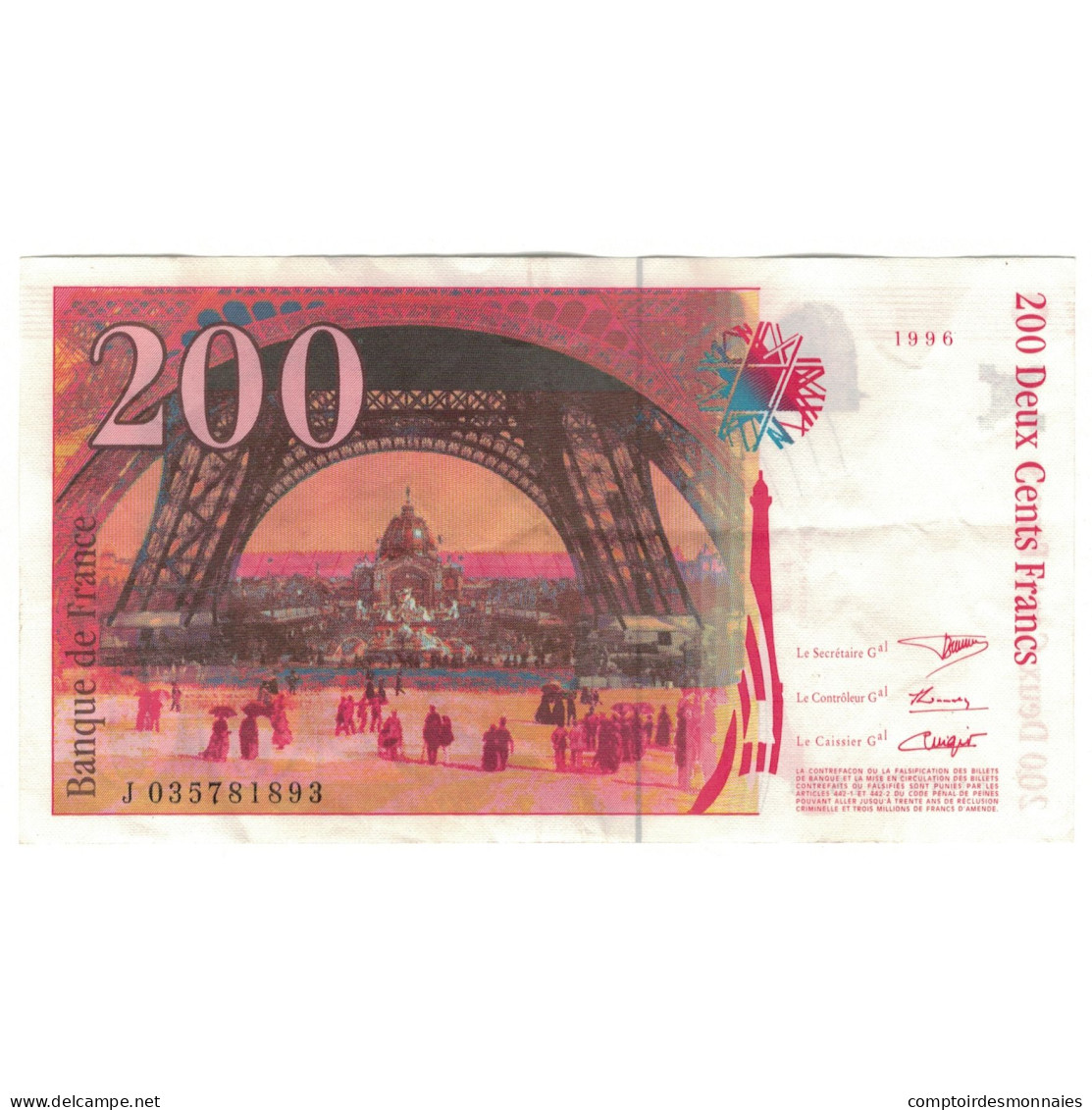 France, 200 Francs, Eiffel, 1996, J035781893, TTB, Fayette:75.02, KM:159a - 1955-1959 Overprinted With ''Nouveaux Francs''