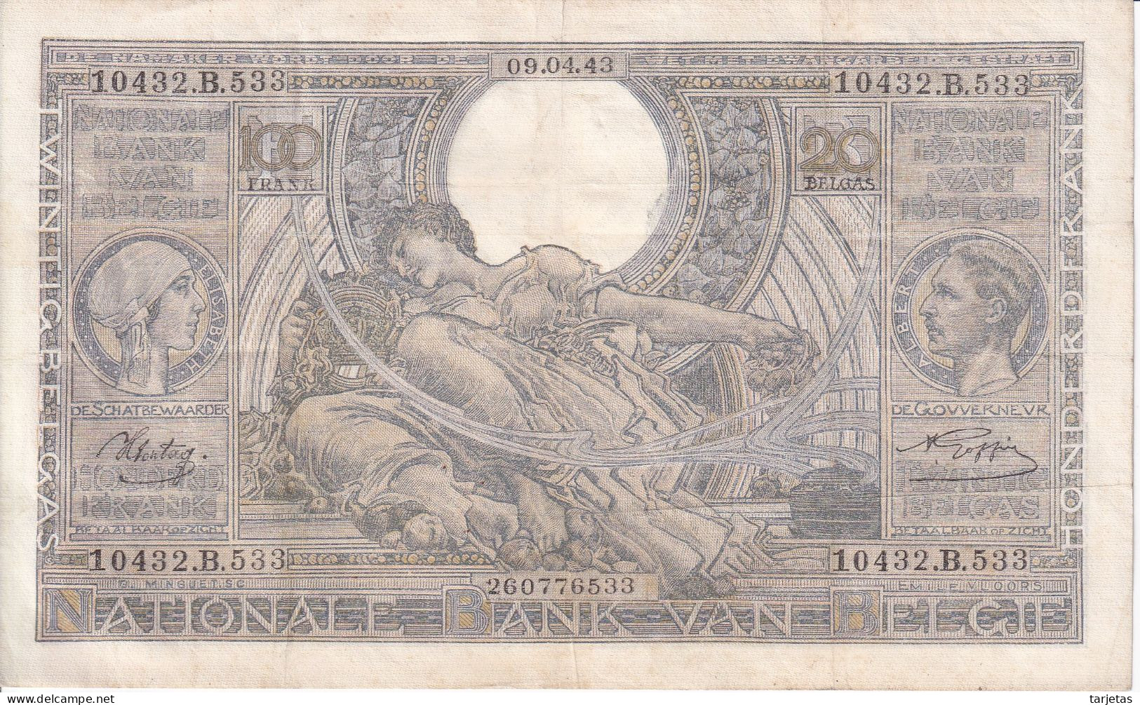 BILLETE DE BELGICA DE 100 FRANCS DEL AÑO 1943  (BANK NOTE) - 100 Francs-20 Belgas