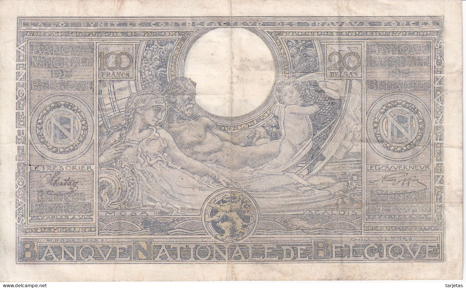 BILLETE DE BELGICA DE 100 FRANCS DEL AÑO 1943  (BANK NOTE) - 100 Francs-20 Belgas