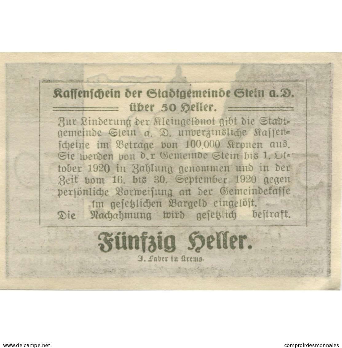 Billet, Autriche, Stein An Der Donau, 50 Heller, Rue, 1920 SPL Mehl:FS 1015I.1 - Autriche