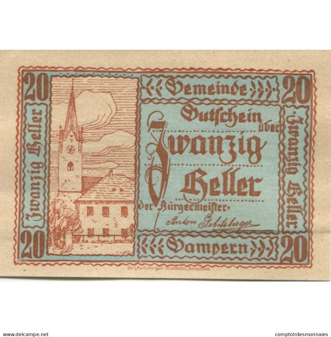 Billet, Autriche, Gampern, 20 Heller, Eglise, 1920, SPL, Mehl:FS 221 - Autriche