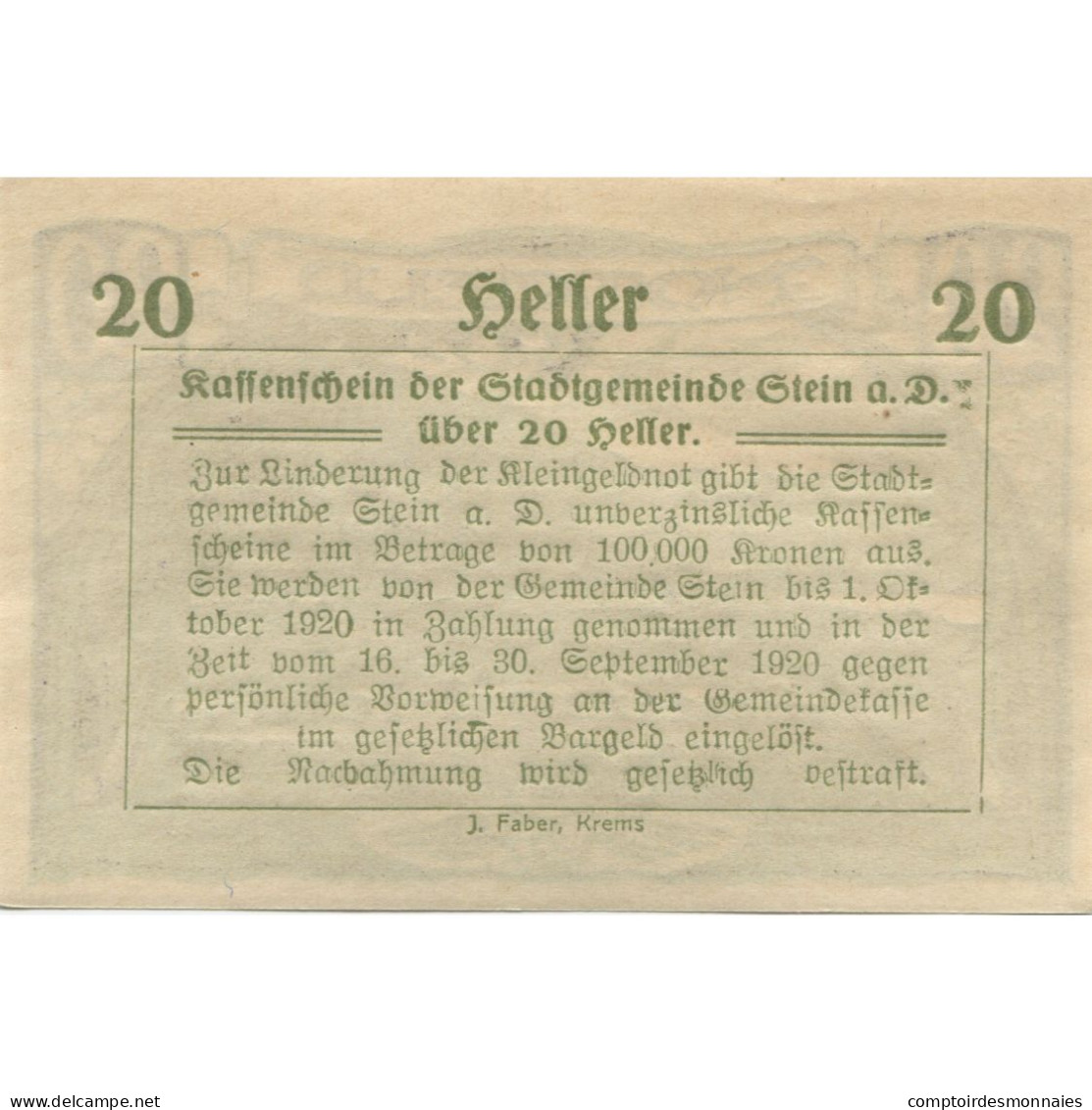 Billet, Autriche, Stein A/d Donau, 20 Heller, Paysage, 1920 SPLMehl:FS 1015I.1 - Autriche