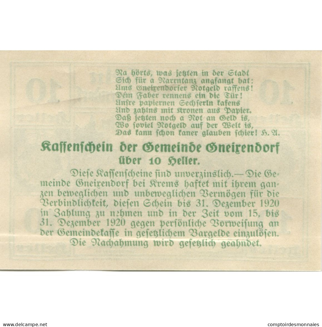 Billet, Autriche, Gneixendorf, 10 Heller, Monument 1920 SPL Mehl:FS 241Ia3 - Autriche