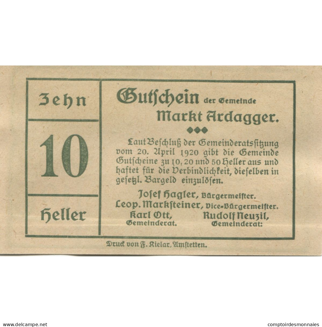 Billet, Autriche, Ardagger, 10 Heller, Village 1920-12-31, SPL, Mehl:FS 50a - Autriche