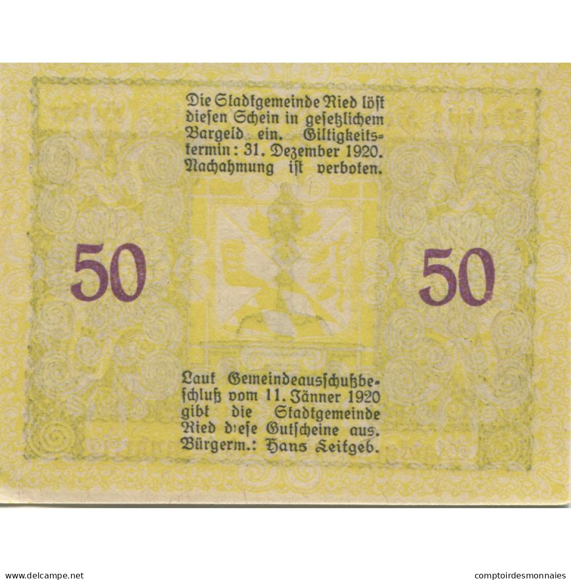 Billet, Autriche, Ried, 50 Heller, Personnage 1920-12-31, SPLMehl:FS 834IIa - Autriche