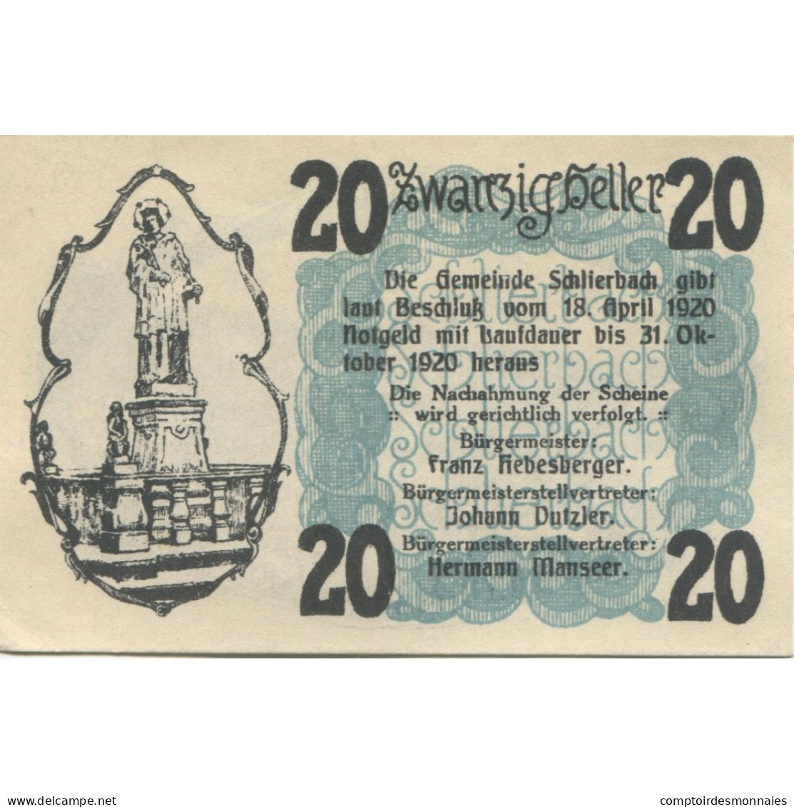 Billet, Autriche, Schlierbach, 20 Heller, Monument 1920-10-31, SPL Mehl:FS 962I - Autriche