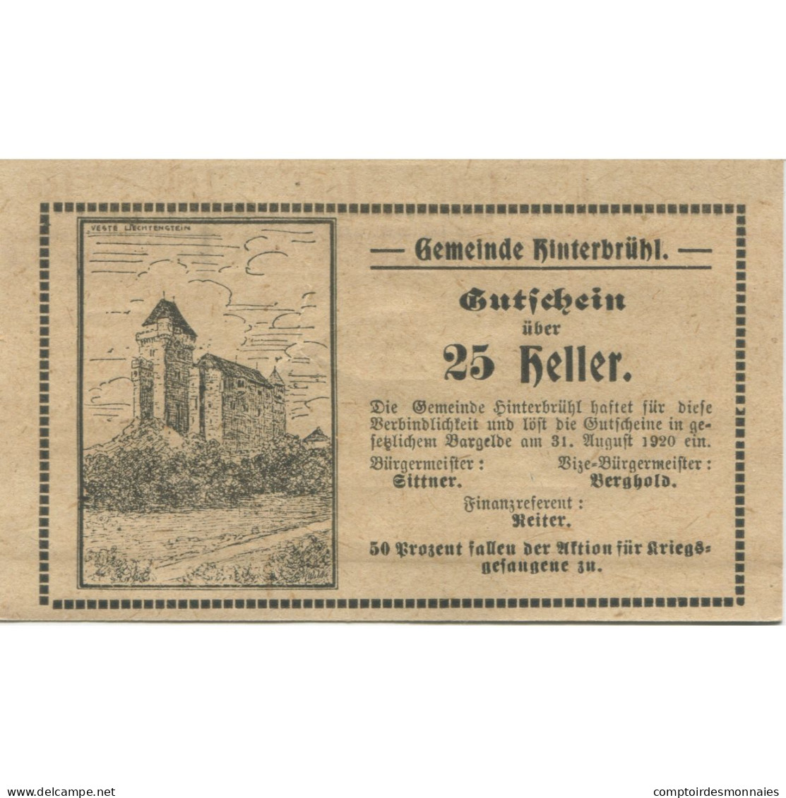 Billet, Autriche, Hinterbrühl, 25 Heller, Château 1920-08-31 SPL Mehl:FS 376IIId - Autriche