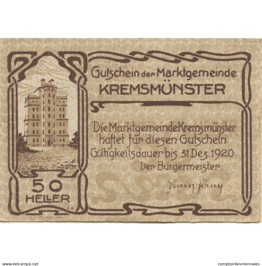 Billet, Autriche, Kremsmunster, 50 Heller, Bâtiment 1920-12-31, SPL Mehl:FS 476b - Autriche