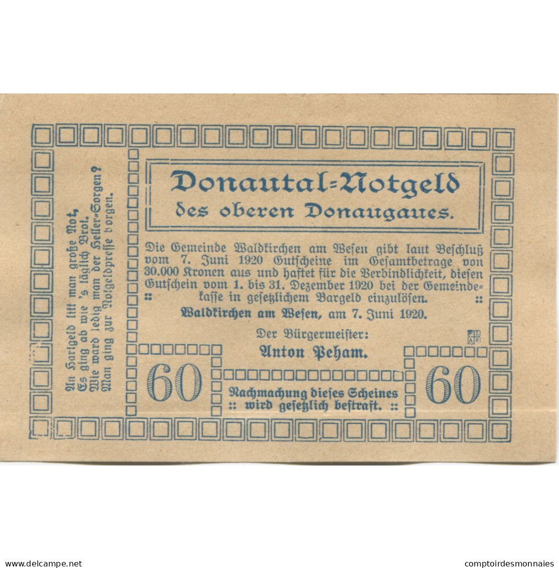 Billet, Autriche, Waldkirchen, 60 Heller, Village 1920-12-31, SPL Mehl:FS 1133d - Autriche