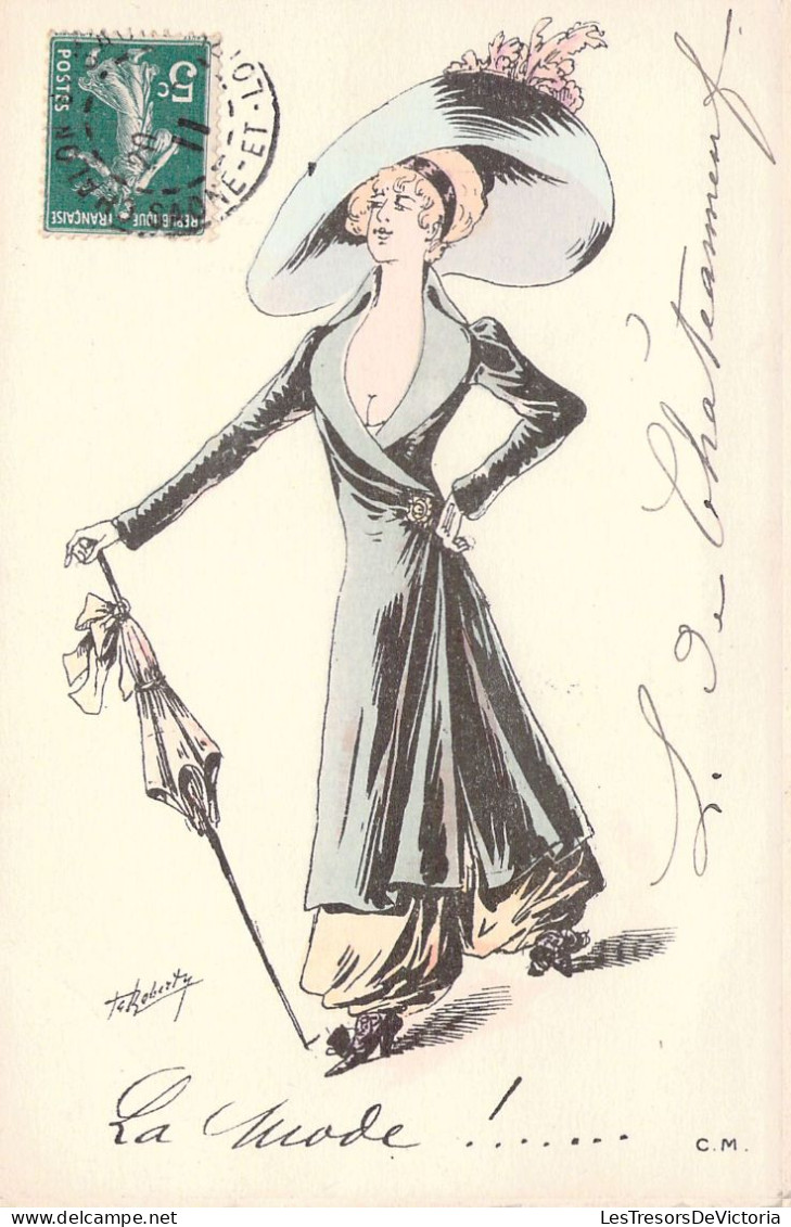 Illustration Signée Roberty - La Mode - Femme Au Chapeau Et Ombrelle - Robe Noire - Carte Postale Ancienne - Rabier, B.