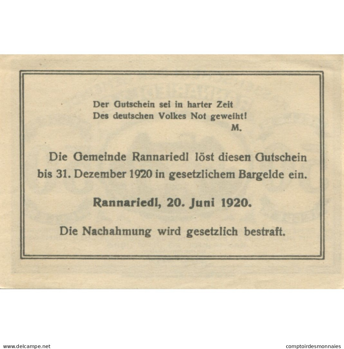 Billet, Autriche, Rannariedl, 50 Heller, Château 1920-12-31, SPL Mehl:FS 818a - Autriche