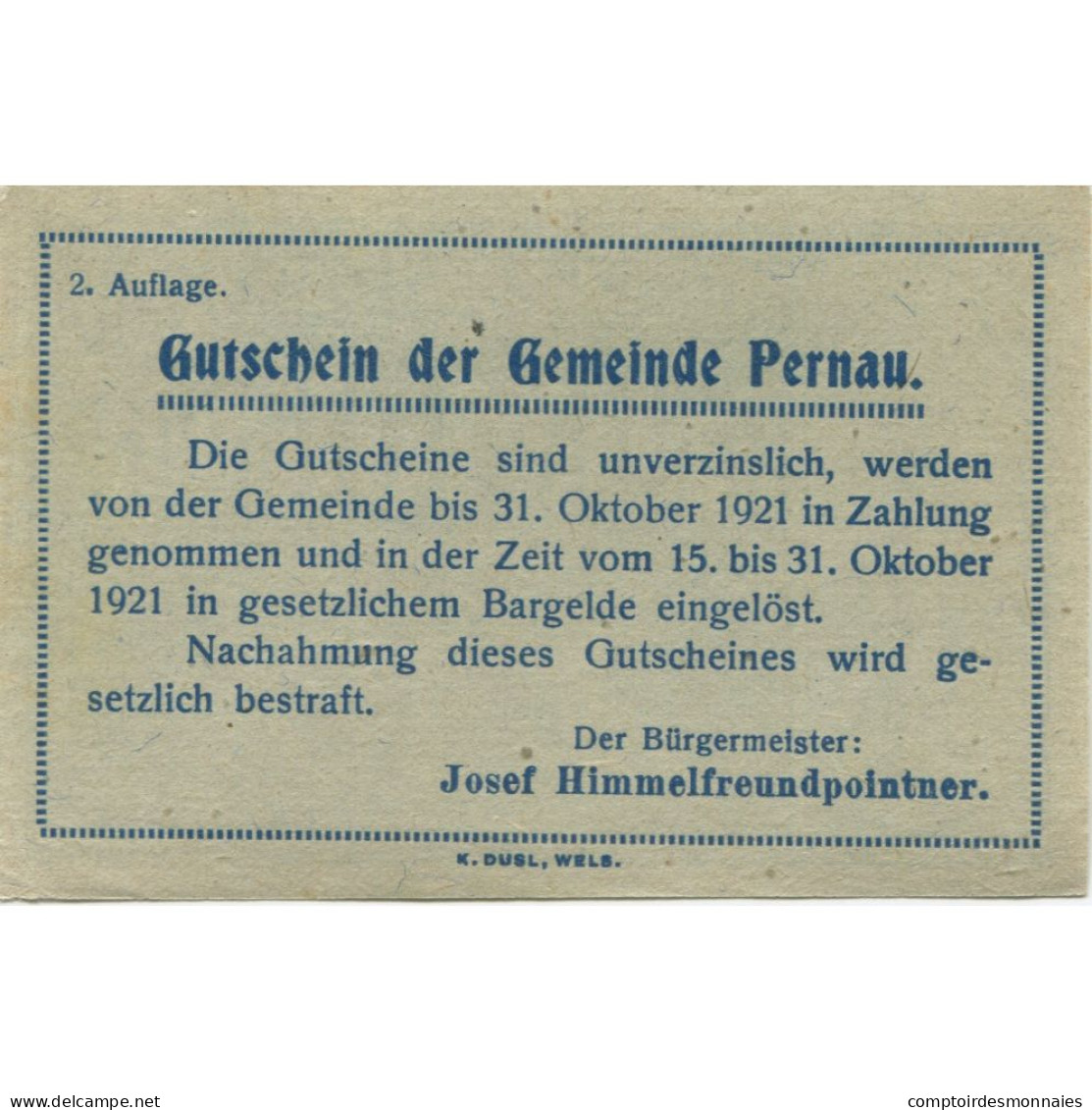 Billet, Autriche, Pernau, 10 Heller, Personnage 1920-10-31, SPL Mehl:FS 734II - Autriche