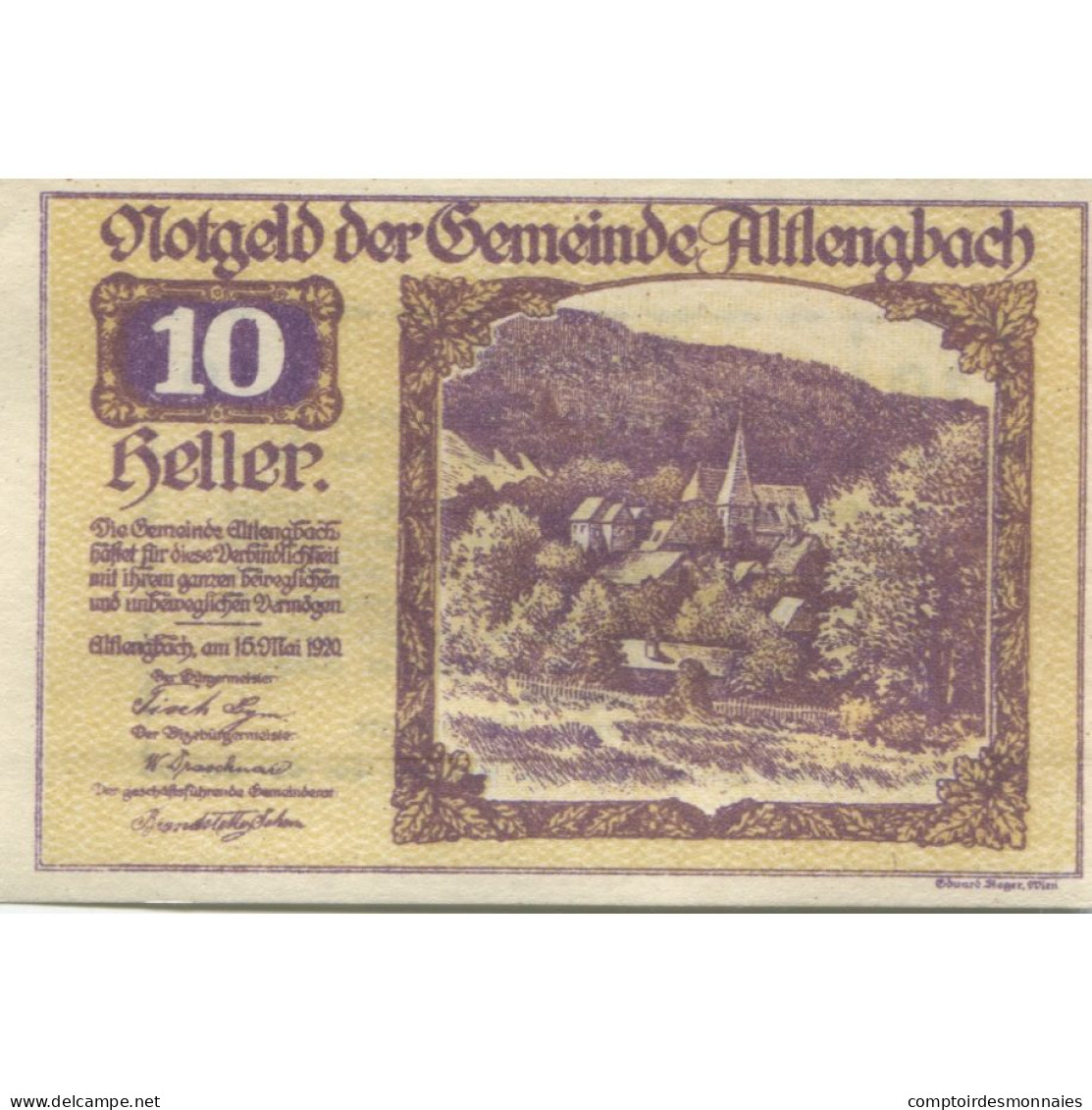 Billet, Autriche, Altlengbach, 10 Heller, Eglise, 1920 SPL, Mehl:FS 33a - Autriche