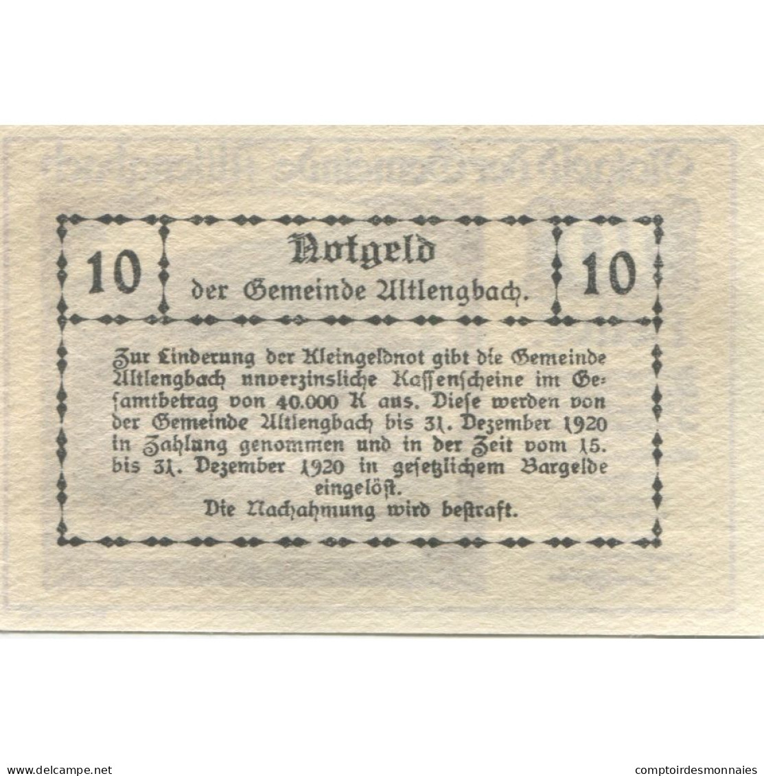 Billet, Autriche, Altlengbach, 10 Heller, Eglise, 1920 SPL, Mehl:FS 33a - Autriche