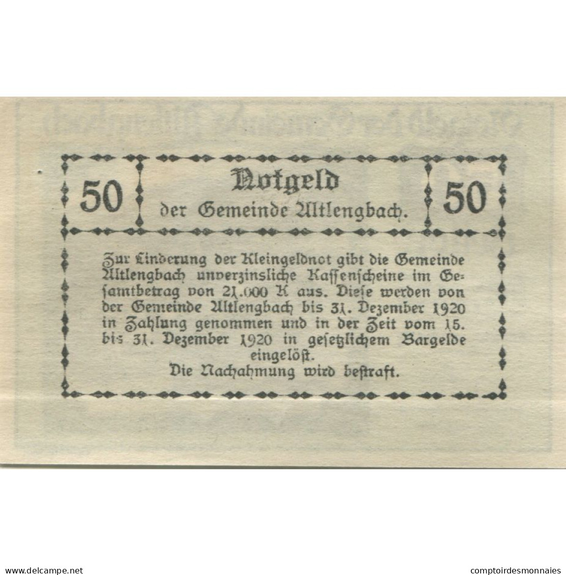 Billet, Autriche, Altlengbach, 50 Heller, Montagne 1920-12-31, SPL Mehl:FS 33a - Autriche