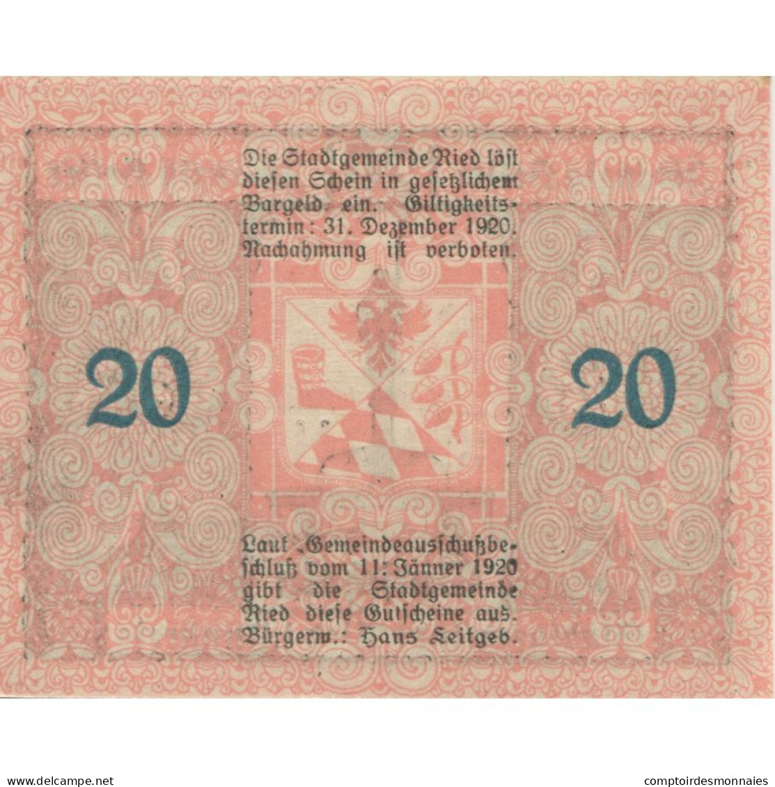 Billet, Autriche, Ried, 20 Heller, Place, 1920, 1920-12-31, SPL, Mehl:FS 834IIa - Autriche